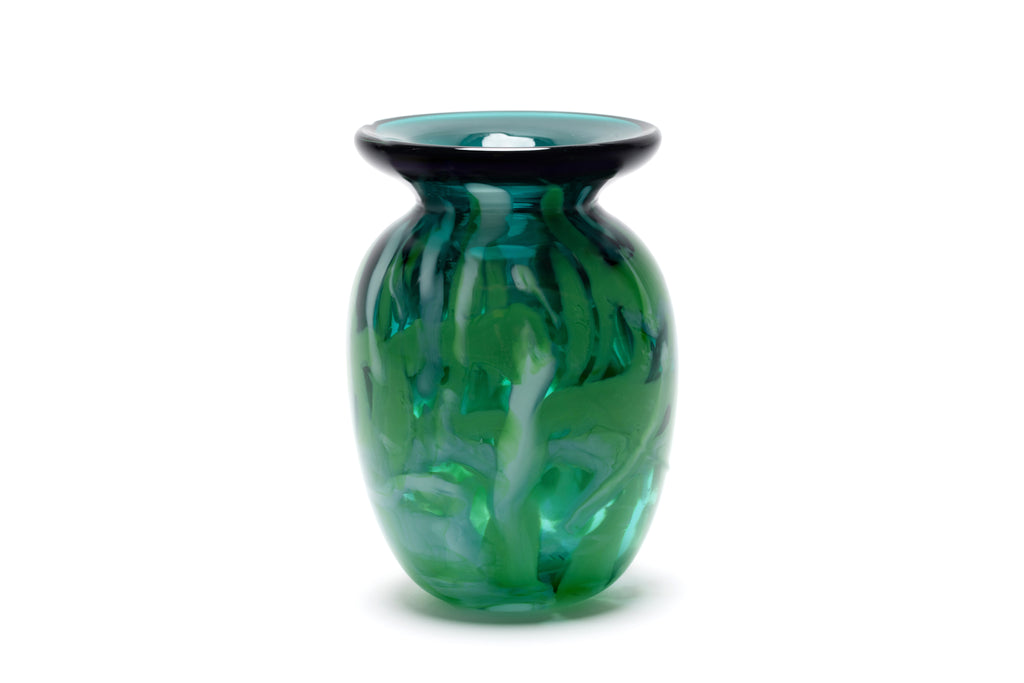 Transparent Jade Green Vase with White and Green and Teal Strokes