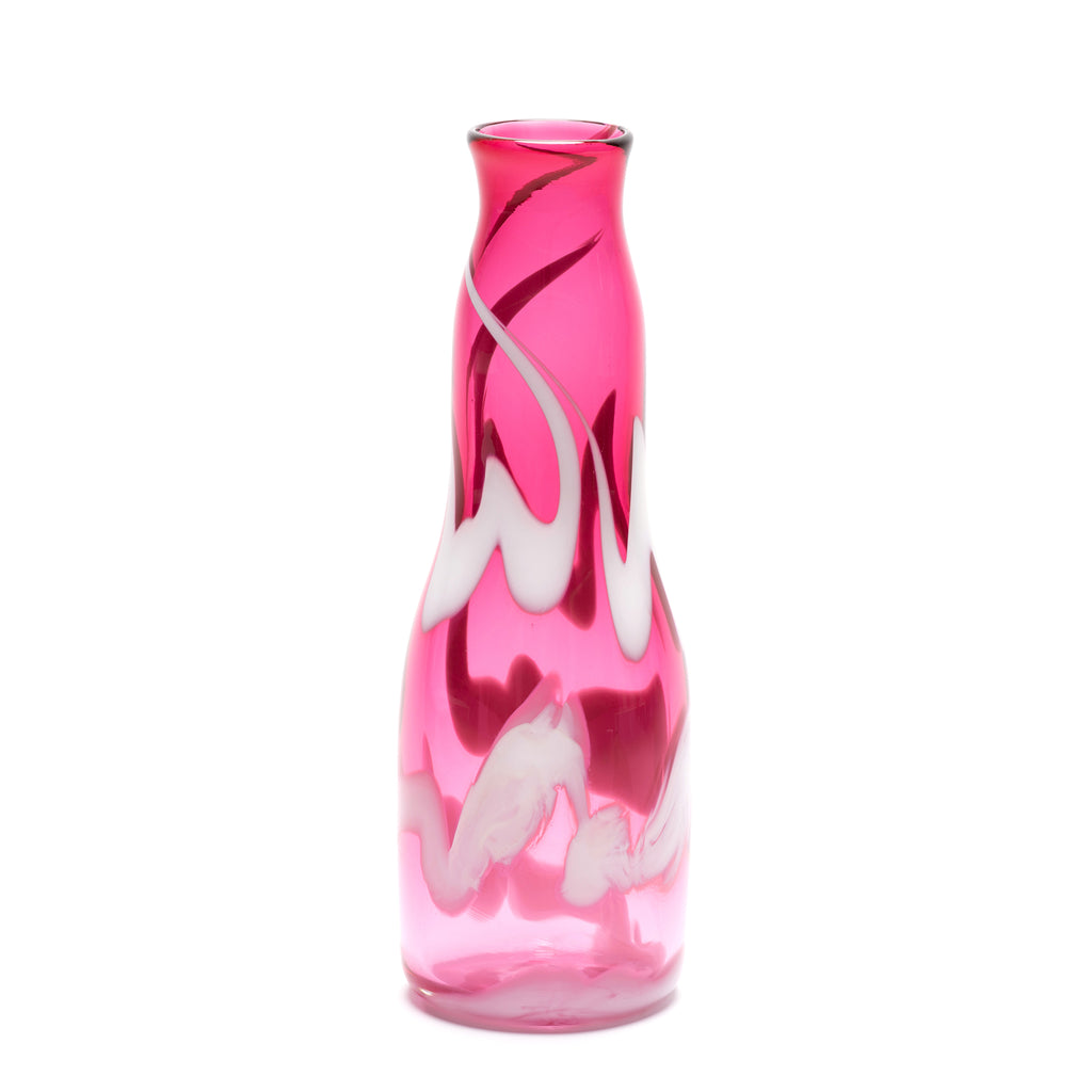 Transparent Raspberry Vase with White Swirls