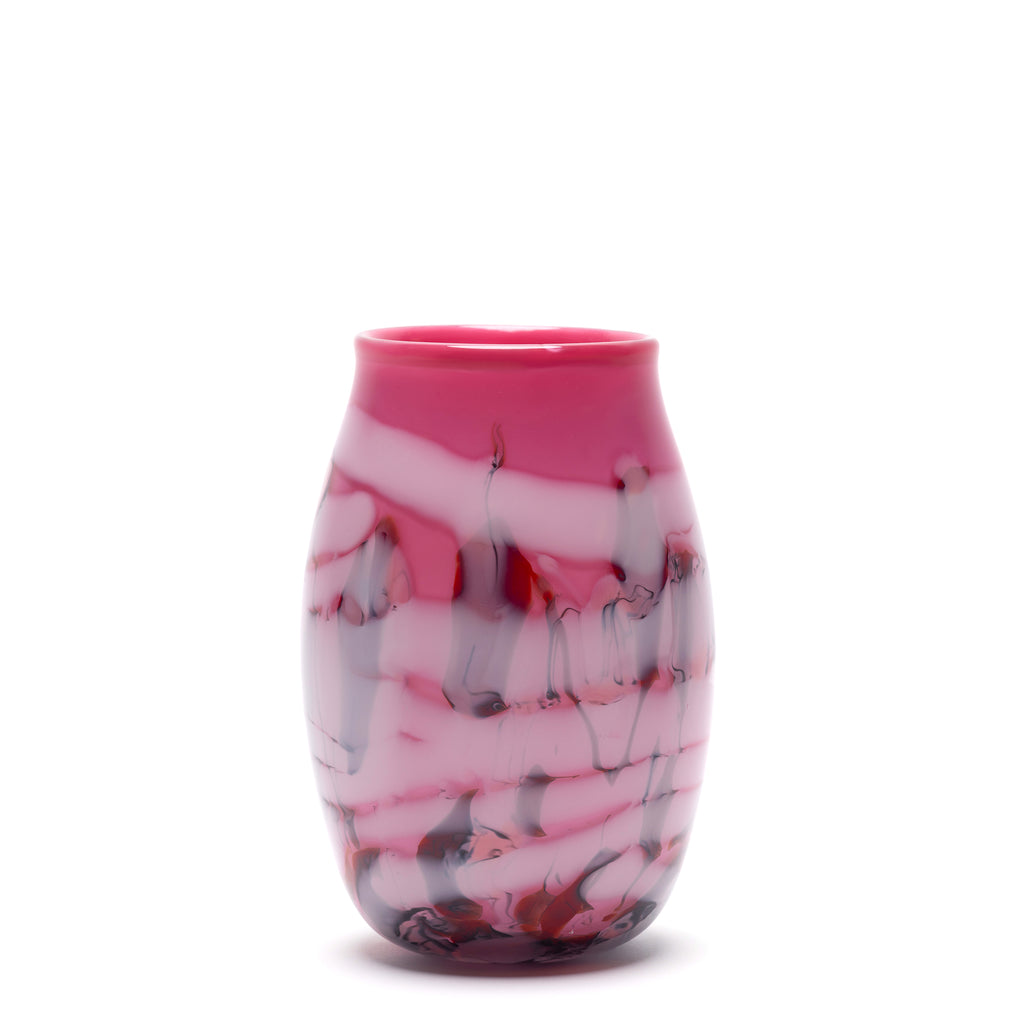 Pink Vase with Red, Black and White Swirls