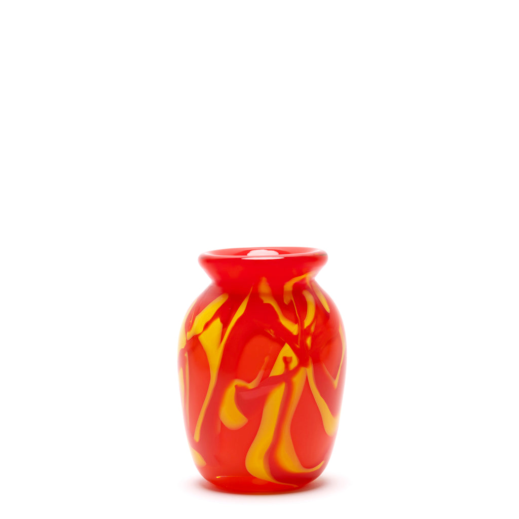 Bright Red Vase with Yellow Swirls