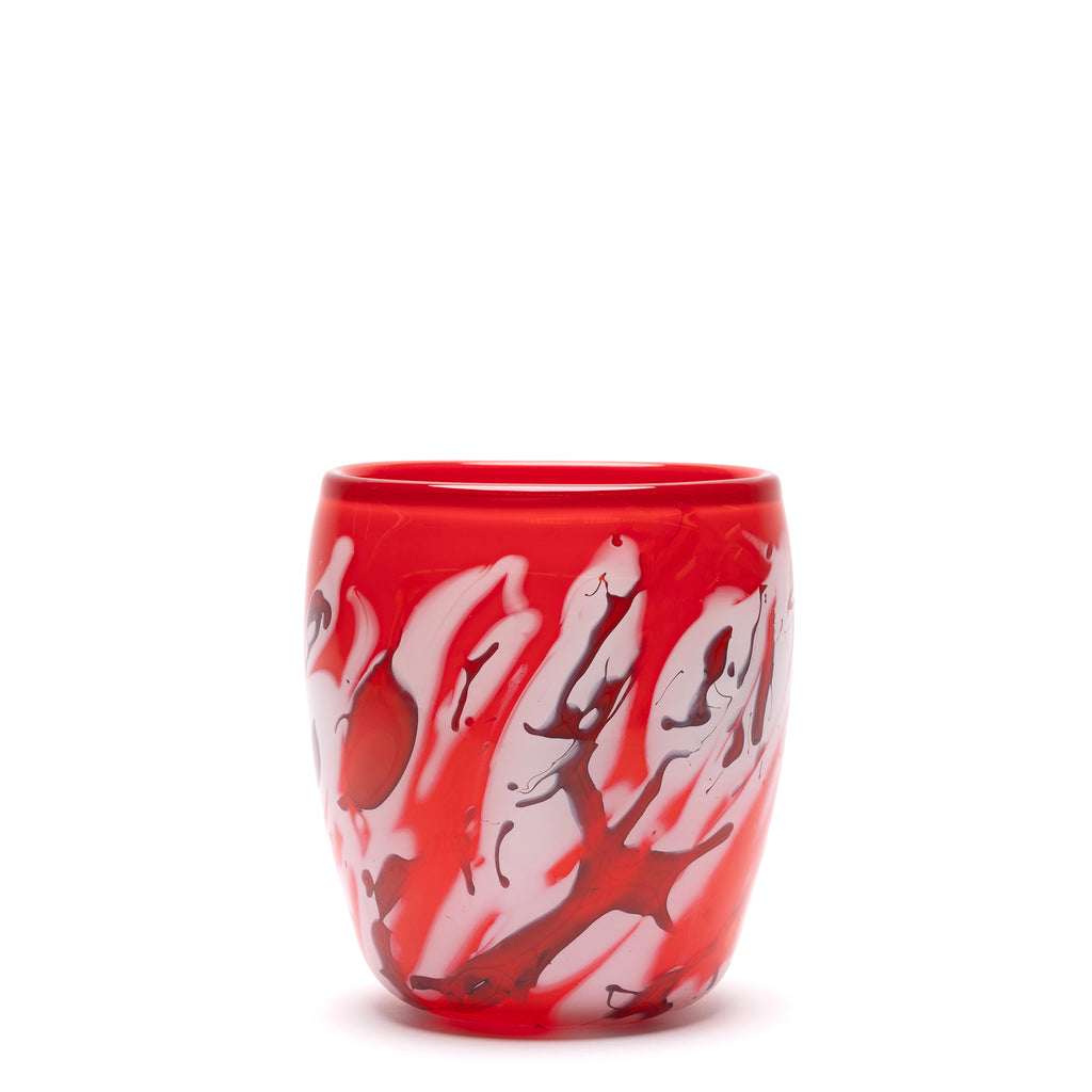 Bright Red Vase with White and Black Swirls