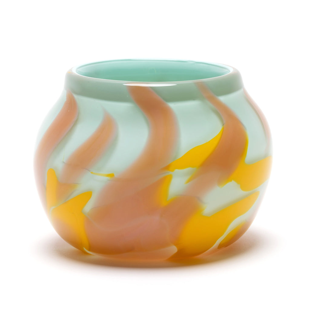 Seafoam Low Vase with White and Yellow Strokes