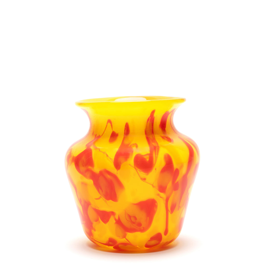 Transparent Yellow Vase with Yellow, White and Red Swirls