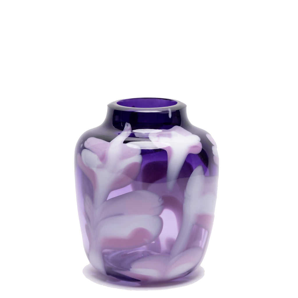 Transparent Amethyst Vase with Lavender and White Strokes