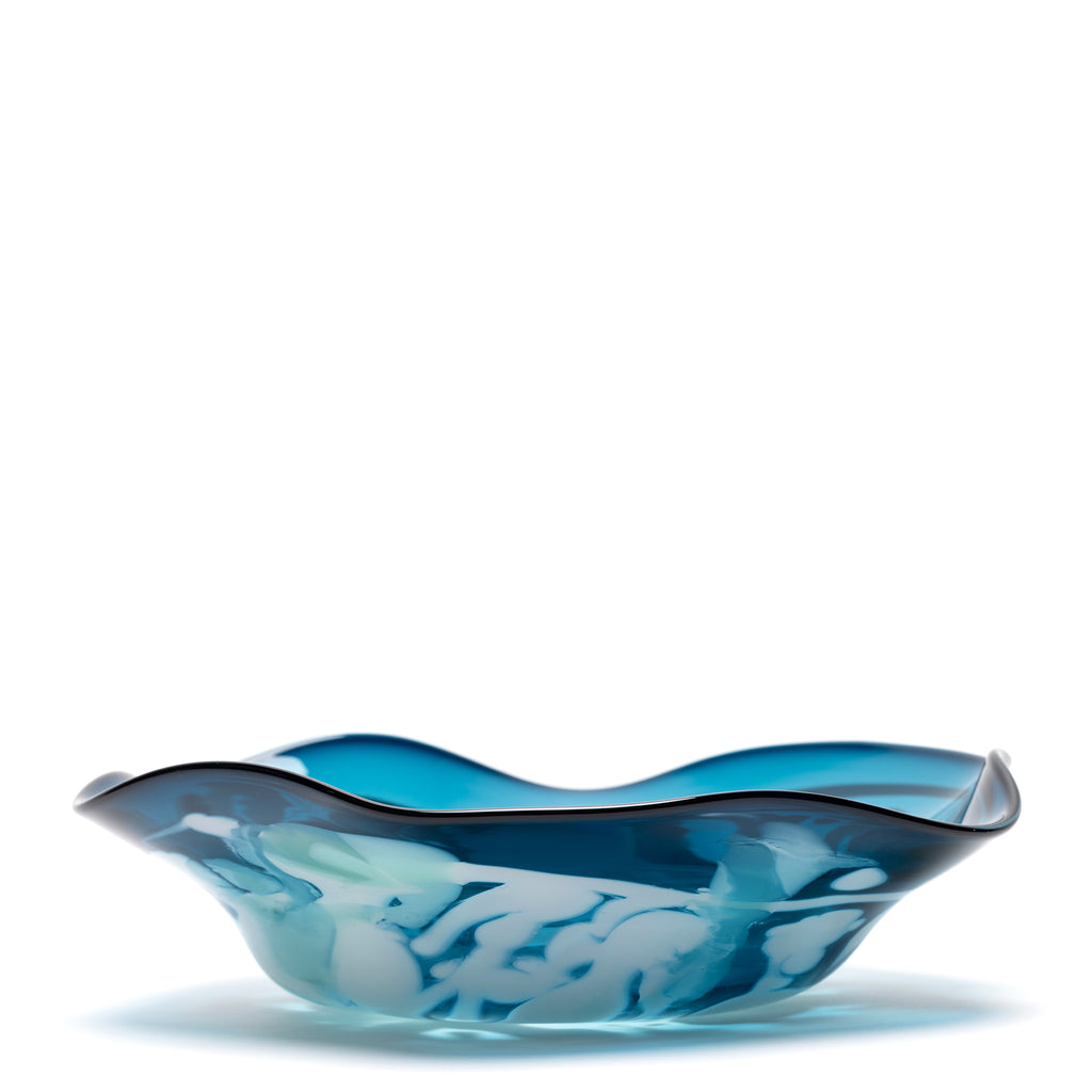 Transparent Teal Wavy Bowl with White and Mint Swirls