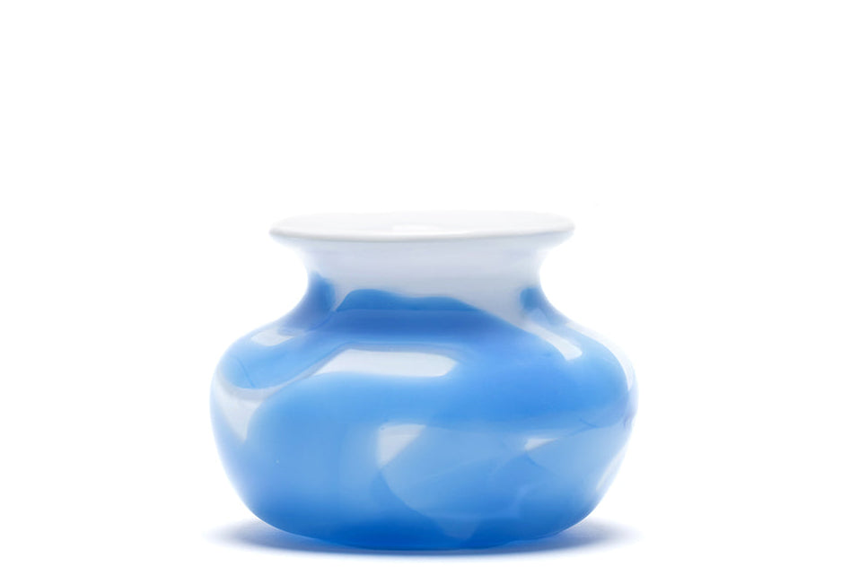 White Low Vase with Sky Blue Strokes