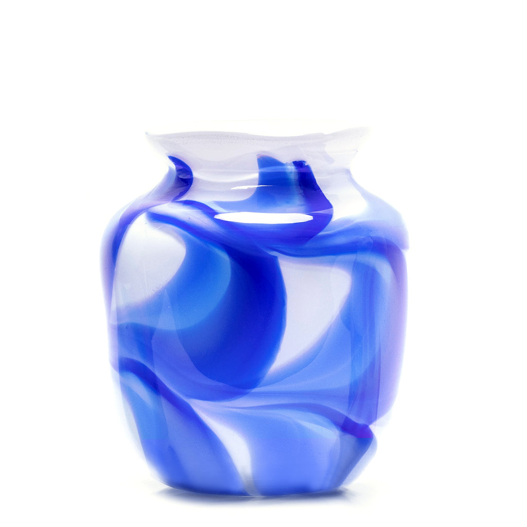 White Vase with Royal Blue and Sky Blue Swirls