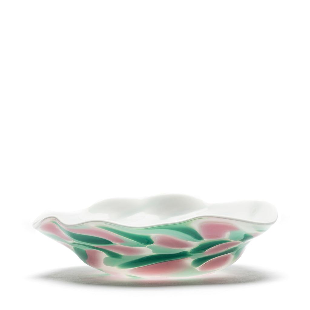 White Wavy Bowl with Rose Seafoam and Jade Strokes