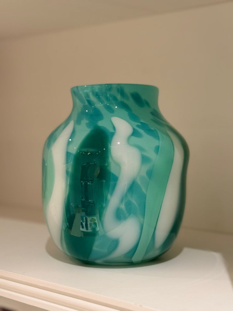 Celadon Vase with Turquoise Spots and Jade, Seafoam, and White Stripes