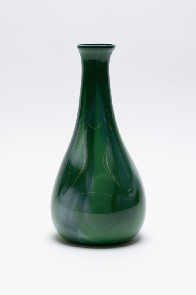 Dark Green Long Vase with Powder White and Emerald Green Strokes