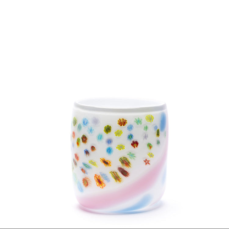 White Vase with Rainbow Millefiori Spots and Pink & Sky Blue Strokes