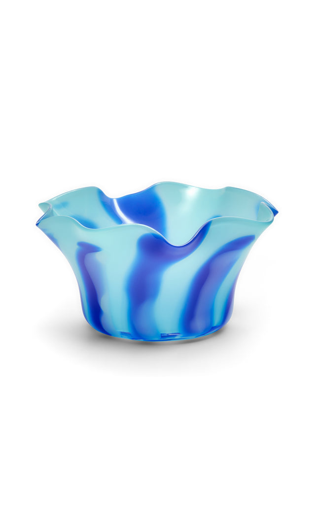 Light Blue Wavy Low Vase Or Bowl With Royal Blue And Powder White Strokes