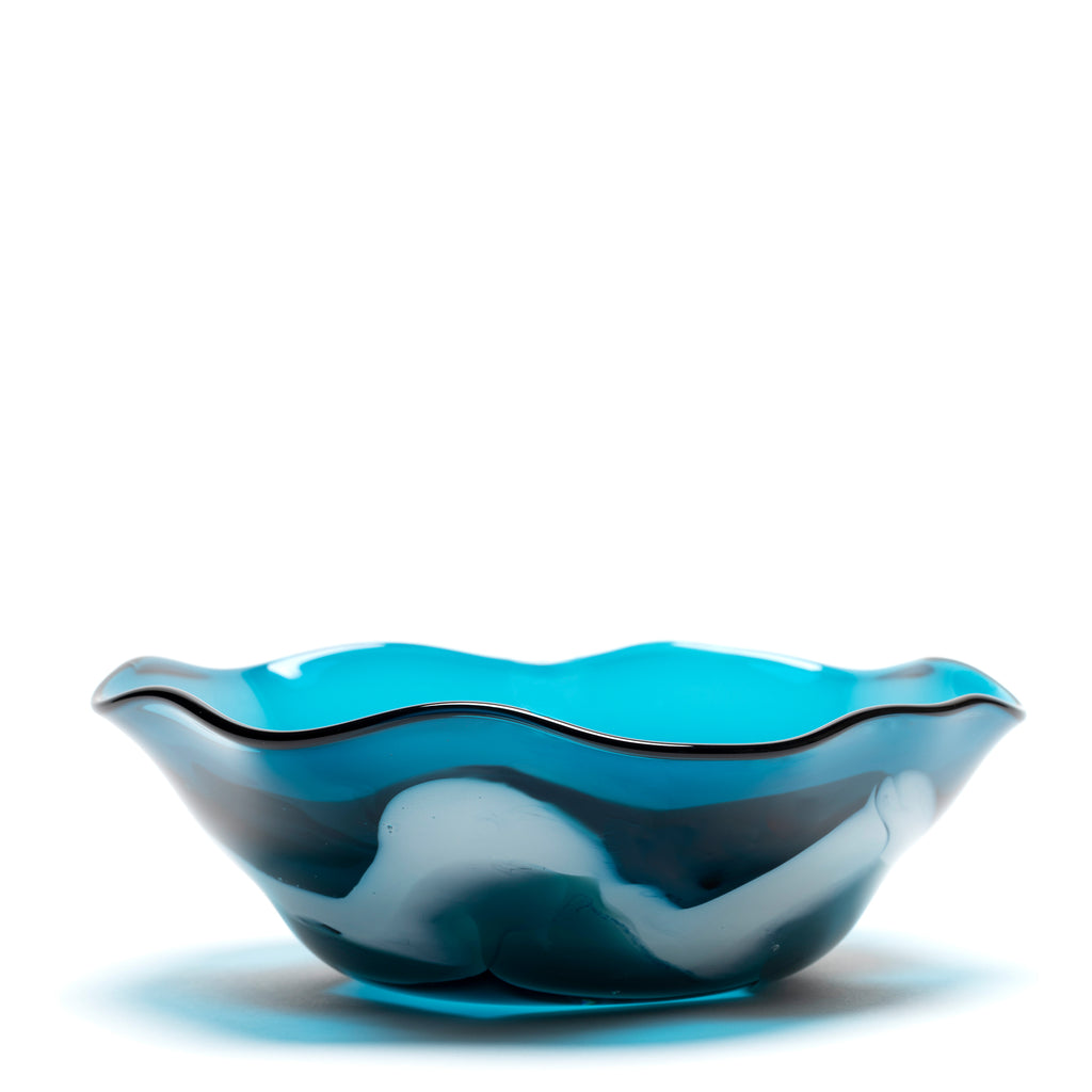 Transparent Teal Wavy Bowl with White/Teal Swirls