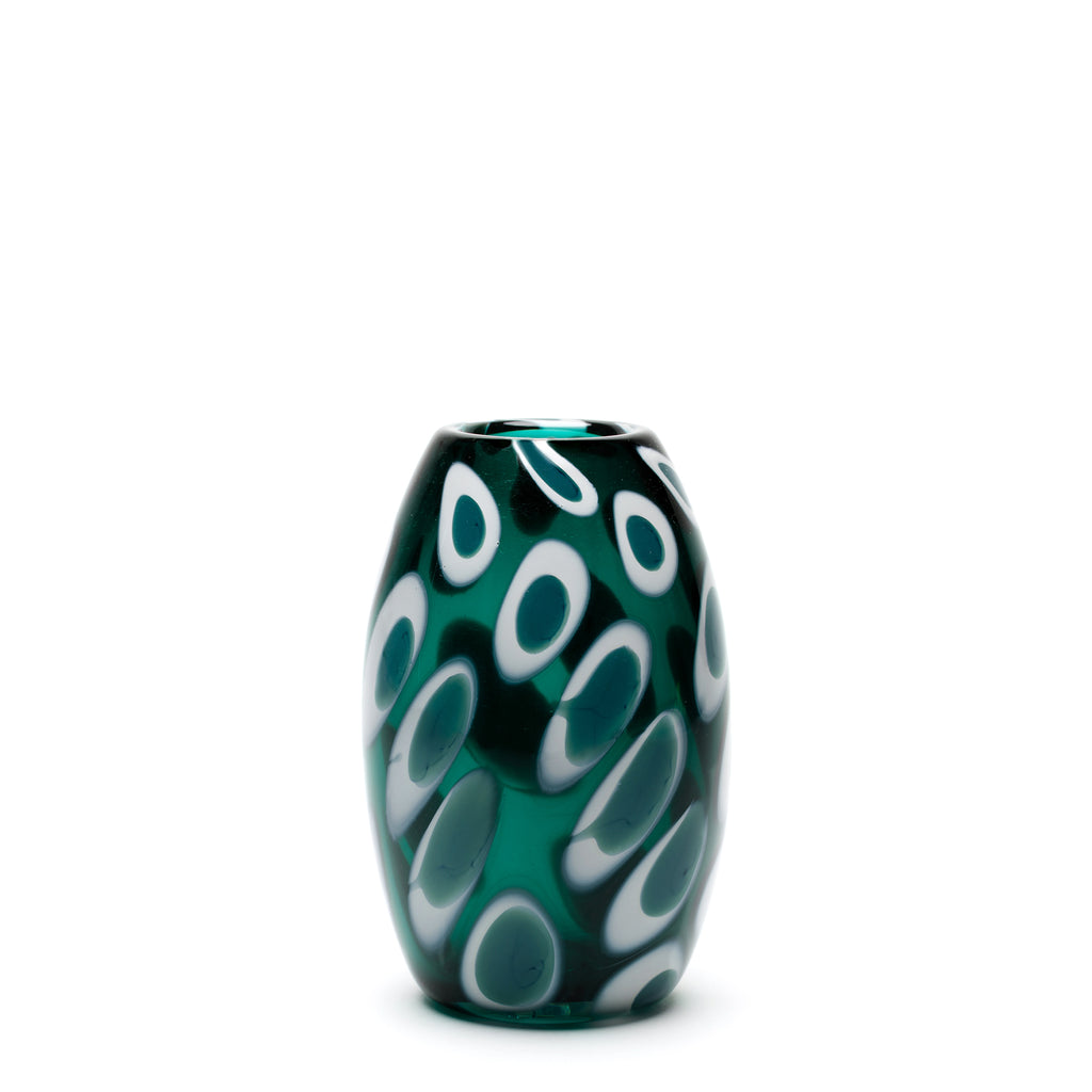 Transparent Teal Rounded Vase with White and Teal Spots