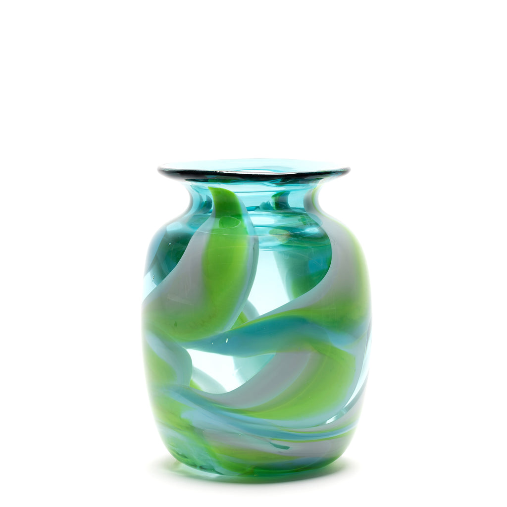 Transparent Teal Vase with White/Lime/Aqua Swirls