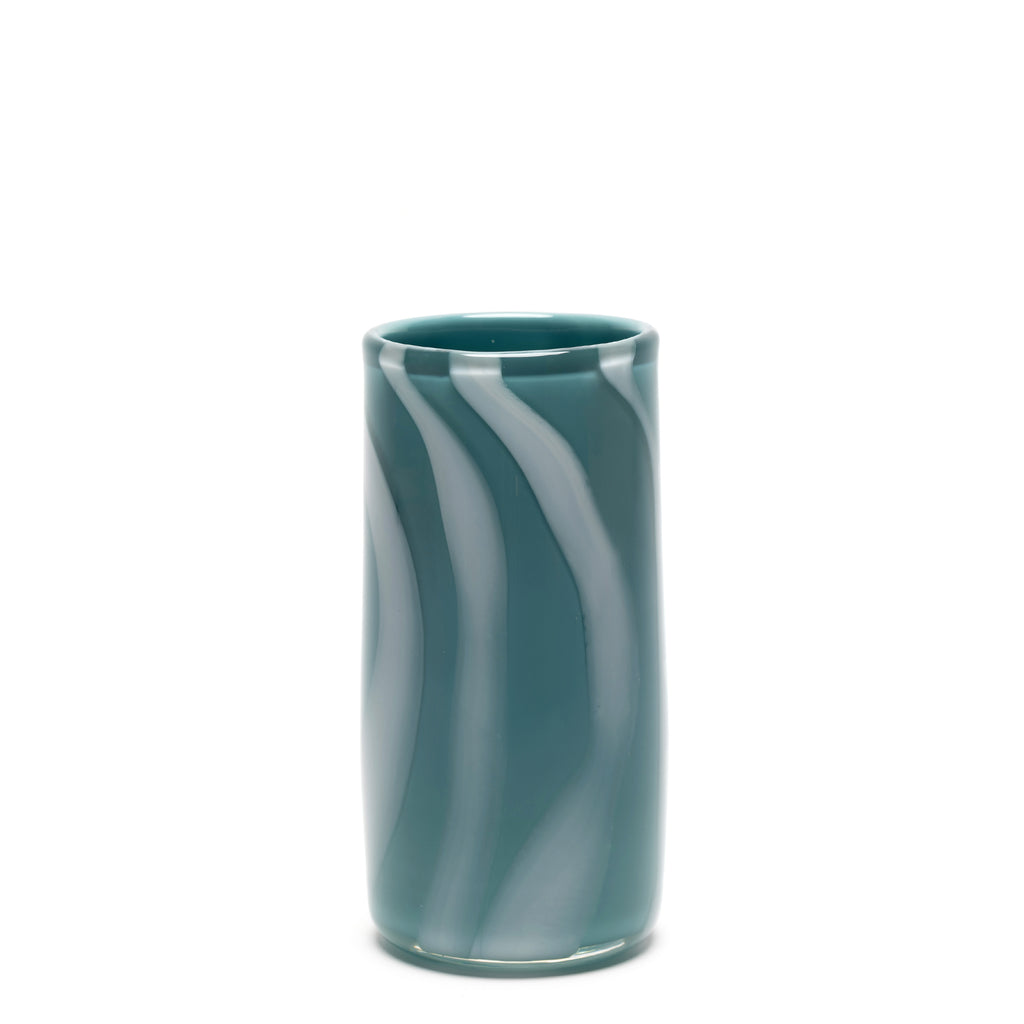 Teal Cylindrical Vase with White Stripes