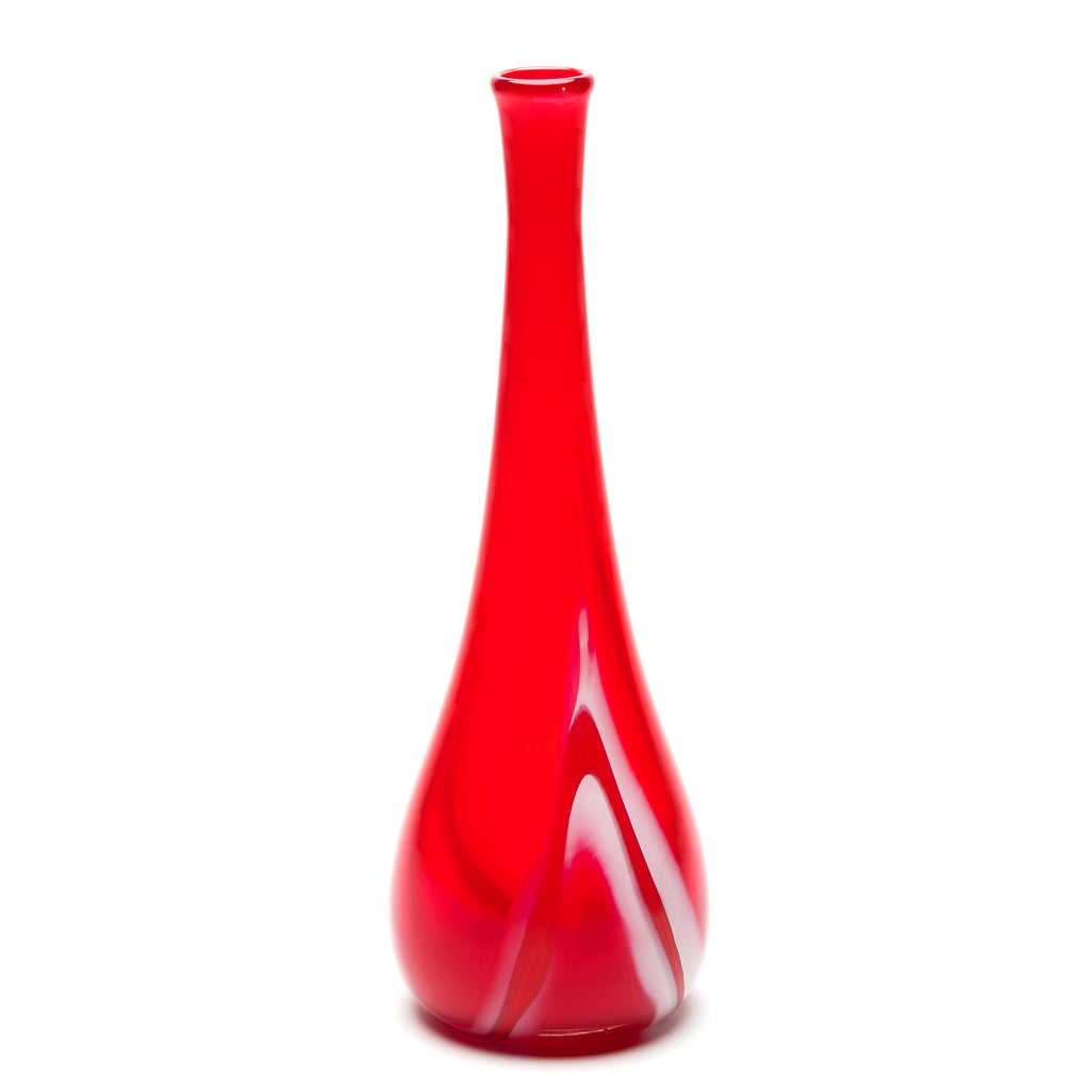 Transparent Red Drop Neck Vase with Red & White Swirls