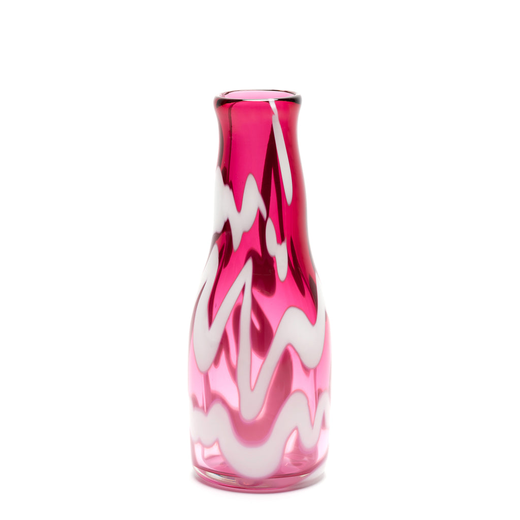 Transparent Raspberry Vase with White Swirls